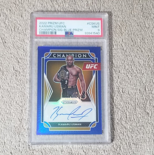 2022 Kamaru Usman Prizm UFC Champion Signatures Blue AUTO 05/49 PSA 9